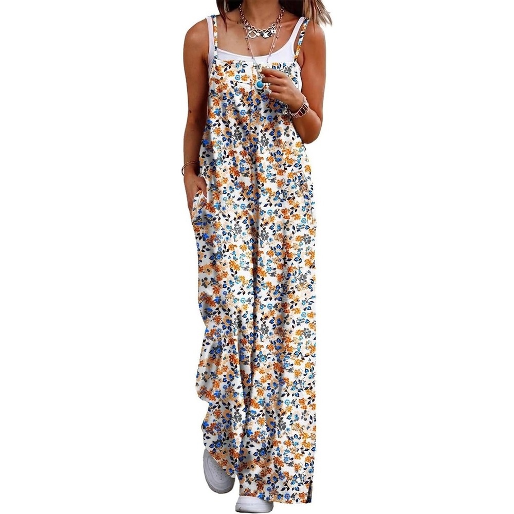 YESNO Women's Summer Boho Floral Wide-Leg Jumpsuit with Pockets XL